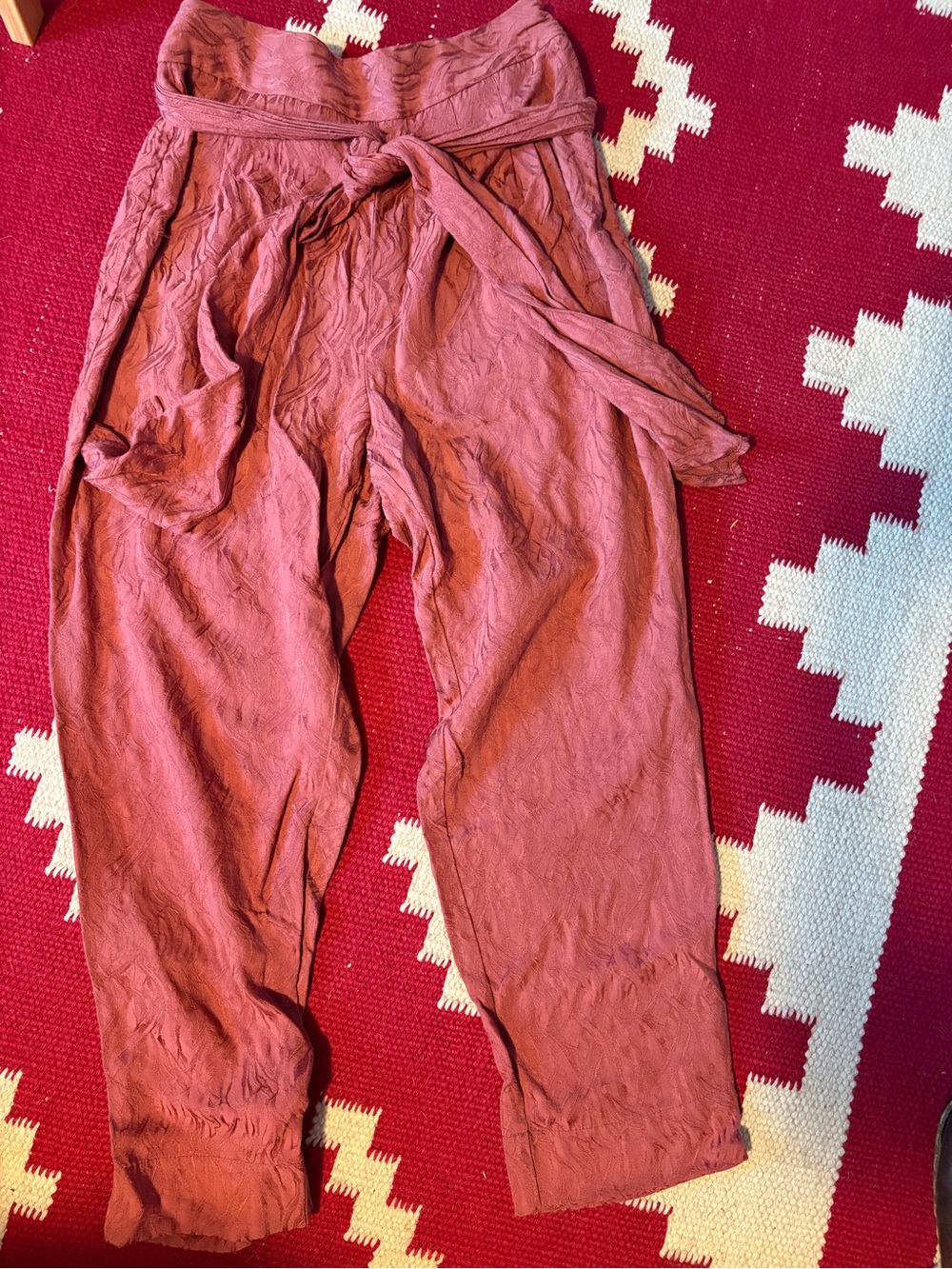 Twa Aubade for Anthropologie Clay-Colored Jacquard Textured Tie-Waist Pants